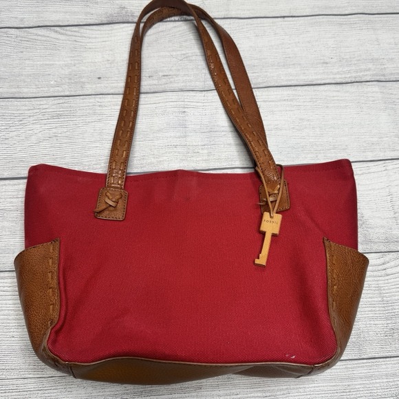 Fossil Handbags - Fossil Red Canvas‎ Tote Bag Purse Brown Leather Accents Straps Key